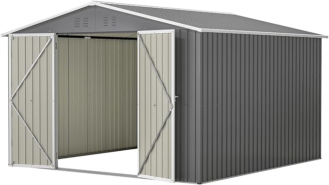 10 x 10 FT Outdoor Storage Shed, Large Metal Tool Sheds with Updated Frame Structure and Lockable Doors, Garden Shed for Backyard Garden Patio Lawn, Grey