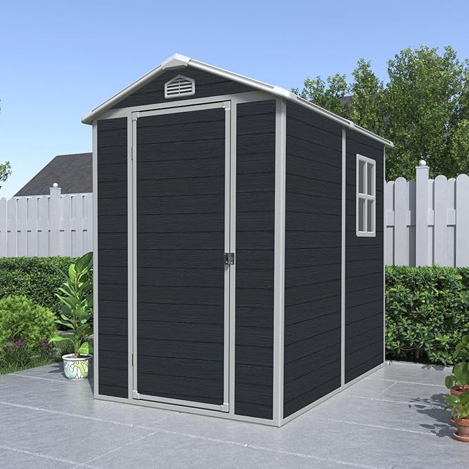 JT 4×6ft Resin Outdoor Storage Shed,Outdoor Storage Shed with Floor & Window to Store Patio Furniture, Garden Tools Bike Accessories, Beach Chairs and Lawn Mower. (Black, 4ft*6ft)