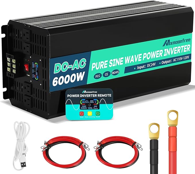 6000W 24V Pure Sine Wave Inverter 24V DC to 110V AC with Wireless Remote LCD Display 4 AC Outlets, 1 USB and Terminal Blocks for RV Truck Cabin Off Grid