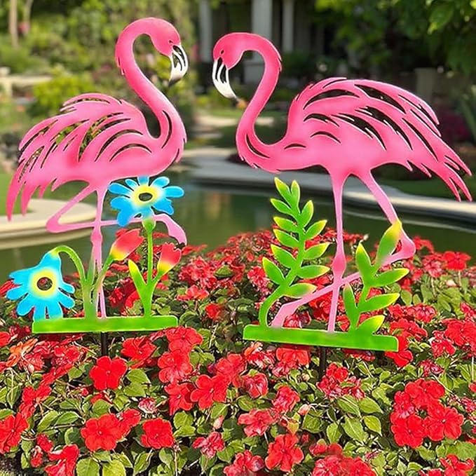 2 Pack Pink Flamingo Garden Statue - 20.5 inch Hand Flamingo Painted Metal Patio Art, Outdoor Decorative Stake Flamingo Statue for Lawn, Patio, Porch and Backyard, Gifts for Ladies (A Style 2 Pack)