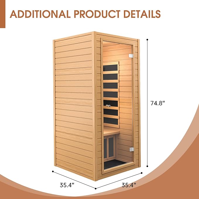springspa Far Infrared Sauna for Home, Near Zero EMF Wood Home Sauna Room with 1400W, 9 Chromo Therapy Lights, Oxygen Ionizer, Bluetooth, LCD Control Panel for Indoor Use, 1 Person