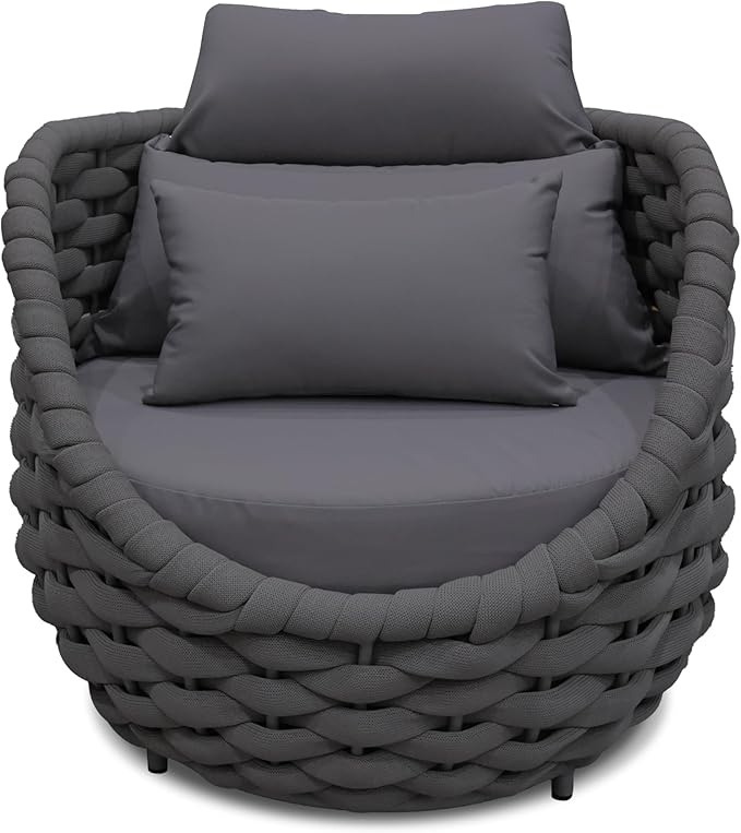 Front Porch Accent Chair: Aluminum Woven Rope Armchair Assembled - Cushioned Patio Single Chair w/Arms Modern - All Weather Balcony Furniture for 400lbs Outdoor Yard Deck Pool Hotel, Dark Gray