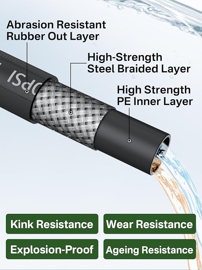3/8" 4800PSI Pressure Washer Hose 75FT with Swivel Quick Connect for Cold/Hot Water Max 248°F, Kink Resistant Steel Wire Braided, Wear Resistant Power Washer Hose with M22 14mm Adapter