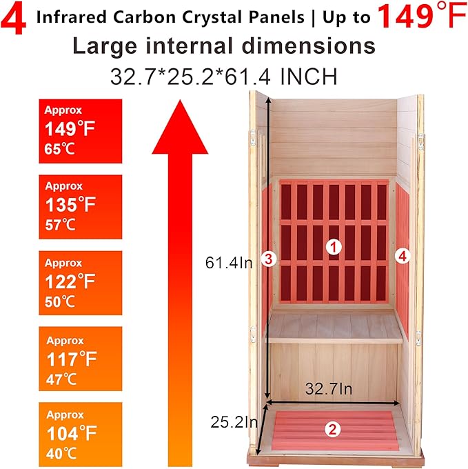 Far Infrared Home Sauna 1 Person, 1000W 110V Dry Indoor Sauna Okume Wood with 4 Heating Panels, Bluetooth Speaker, LED Lights and Glass Door, Room: 37.8 x 30.3 x 65.4 inches