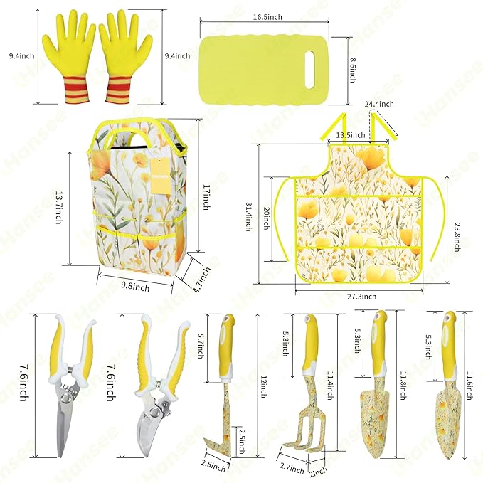 Yellow Garden Tools for Women, iHansee 10-Piece Garden Tools Set with Handbag, Gardening Hand Tool w/Non-Slip Ergonomic Handle, Floral Print Garden Supplies, Cute Gardening Gift for Mom Grandma