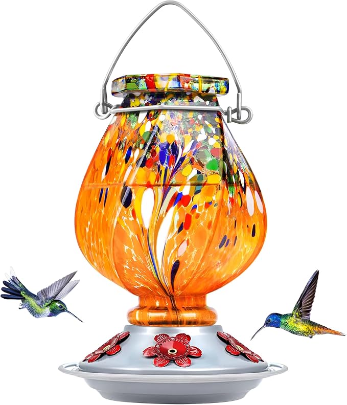 BOLITE Hummingbird Feeder, Hand Blown Glass Hummingbird Feeders for Outdoors Hanging, with 5 Feeding Ports, 22 Ounces, Orange, Birthday Gifts for Women Men, Gifts for Mom Dad