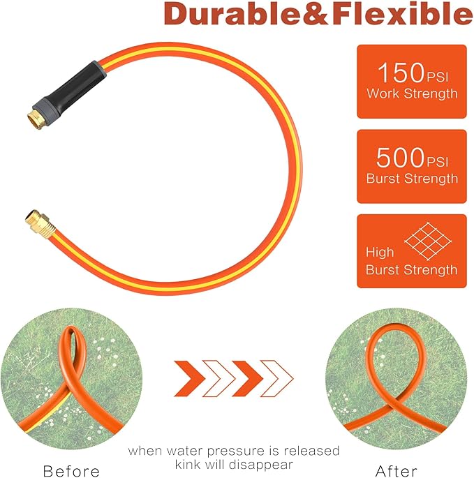 Hybrid Hose 3ft x 5/8",Short Garden Water Hose Heavy Duty,Flexible, Lightweight Hybrid Water Hose with Swivel Handle,3/4'' Brass Fittings,Available For Reel Cart Backyard Burst 500 PSI