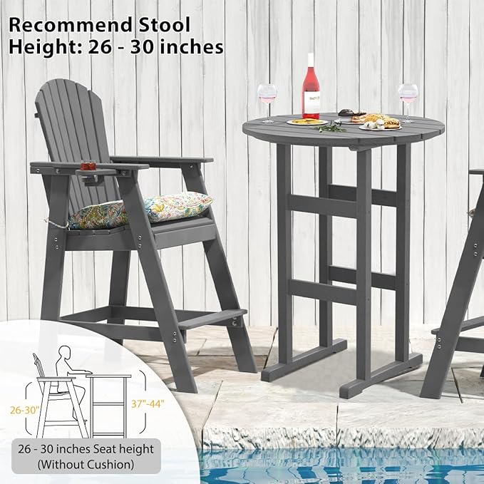 Sundale Outdoor Adirondack Round Bar Table, 39 Inch Height Patio Large Pub Table for 4, All Weather HDPE High Top Bistro Counter Tabl for Outside Deck Porch Balcony Poolside, Gray