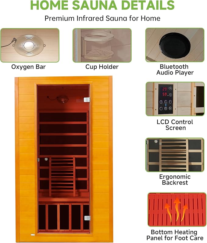 Real Relax Home Infrared Sauna, 1-2 Person Canadian Hemlock Wood Indoor Dry Saunas Room with Low Emf Red Light Therapy with Bluetooth Speakers, 9-Color Chromotherapy Lights