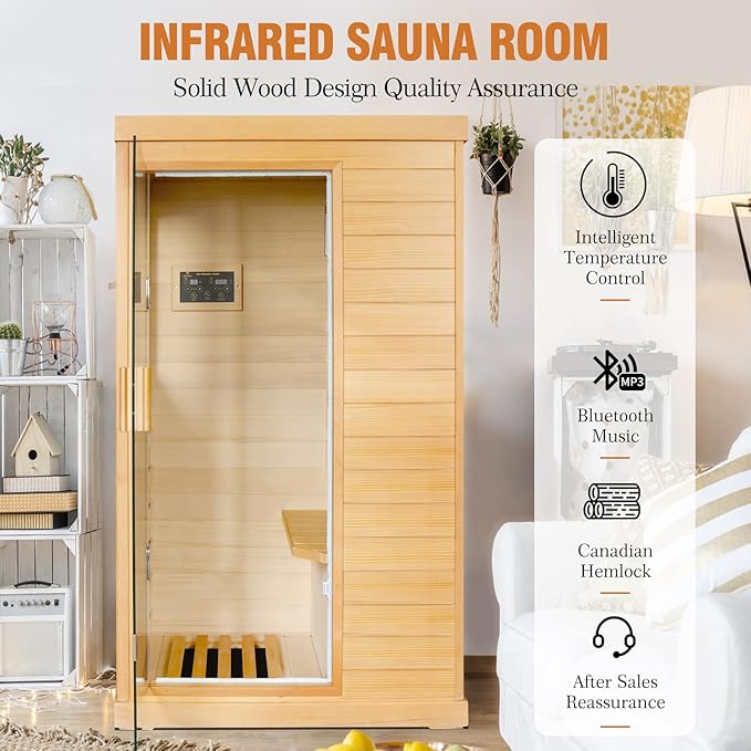 Far Infrared Sauna Home Sauna Spa Room Canadian Hemlock Wood 800W Indoor Saunas Low EMF 110V with Control Panel and Tempered Glass Door, Room: 35.2 * 27.6 * 61.6Inch