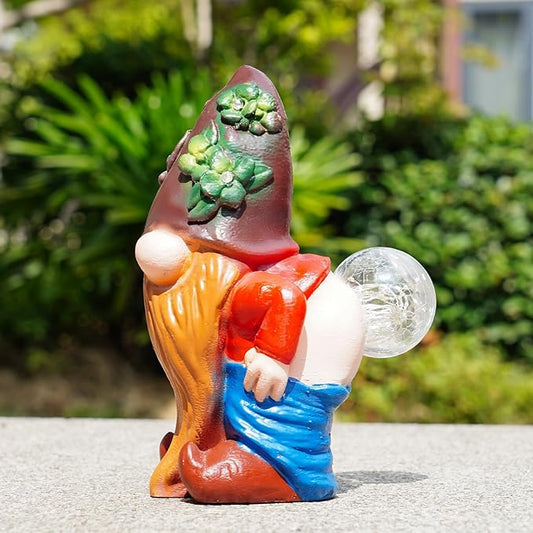 Solar Garden Statues Lights, 8.5" Cute Outdoor Gnome Figurine with Auto On/Off for Yard Patio Decor, Gifts for Women, Grandma, Mom, Housewarming (Farting Gnome Statue)