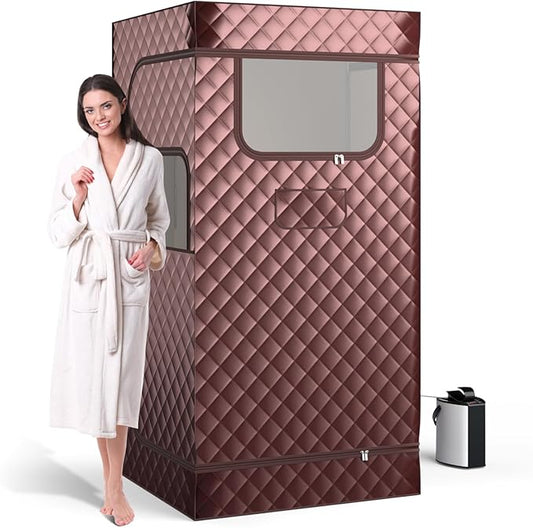 Giantex Portable Sauna Box, Full Body Steam Sauna for Home with 3L Generator, Remote Control, Folding Chair & Wooden Foot Roller, Lightweight Single Person Sauna Tent, 36" x 36" x 72", Coffee