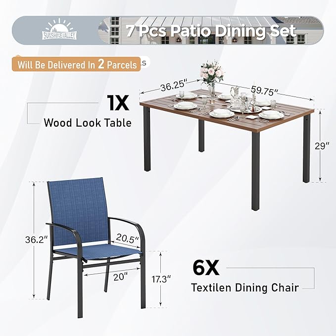 Patio Dining Set for 6, Rectangular Wood-Like Metal Table with Umbrella Hole and 6 Dining Chairs, Outdoor Table and Chairs for Lawn Garden Backyard and Deck,Blue