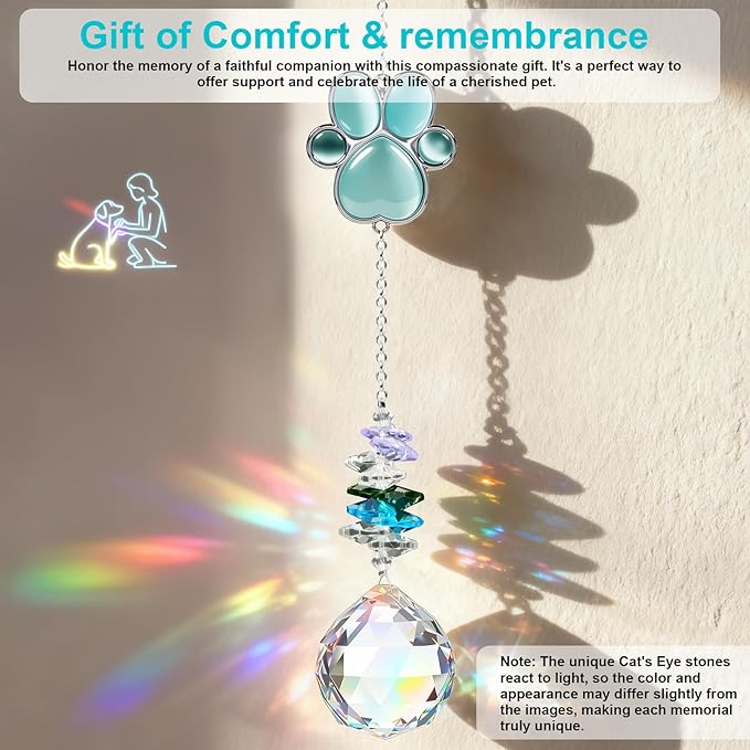 Pet Memorial Gifts for Loss of Dog or Cat, AVIMO Crystal Suncatcher with Rainbow Light Effect and Paw Print Design, Includes Fur Keepsake Keychain, Sympathy Gift Set for Remembrance & Bereavement