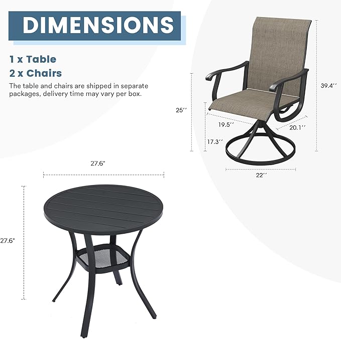 DIFY 3 Pieces Outdoor Patio Bistro Dining Set, 2 Brown Textilene Swivel Dining Chairs and 27.6" Black Small Round Dining Table, Outdoor Table and Chairs