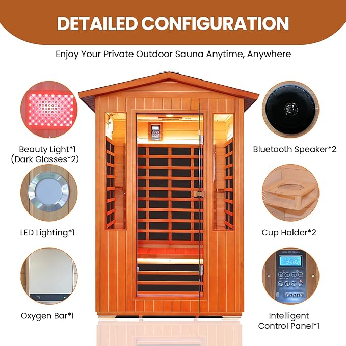 Outdoor Sauna 2 Person Sauna Infrared Saunas Dry Sauna Room 2080W/110V Low EMF Red Cedar and Canadian Fir Board Wood Sauna, Oxygen Bar, Speaker, LED Control Panel, Beauty Light - 48.8*38.2*81.9 IN