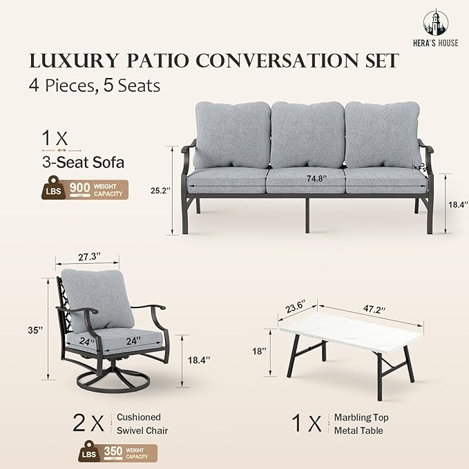 HERA'S HOUSE 4 Piece Patio Furniture Set, 2 x Swivel Cushioned Chair, 3-Seat Sofa with Marbling Coffee Table, All Weather Outdoor Conversation Set for Lawn Garden Backyard, Grey