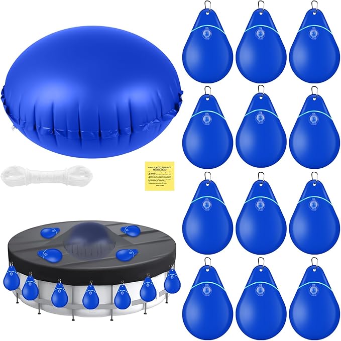 Hungdao 4ft Pool Pillow Cover for Above Ground with 12 Pcs Inflatable Pool Cover Weight with Hook Winter Ice Antifreezing Hanging Bag with Rope and Connection Buckle(Royal Blue,4ft,Round)