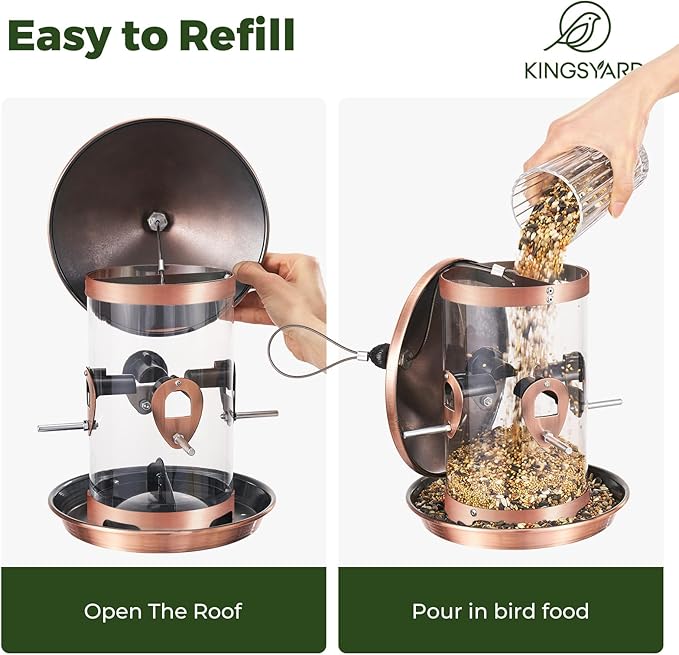 Kingsyard Metal Bird Feeders for Outdoors Hanging with 8 Ports, 4.5 lbs Large Tube Bird Feeder with Seed Tray for Cardinal Finch, Easy to Fill and Clean, Copper