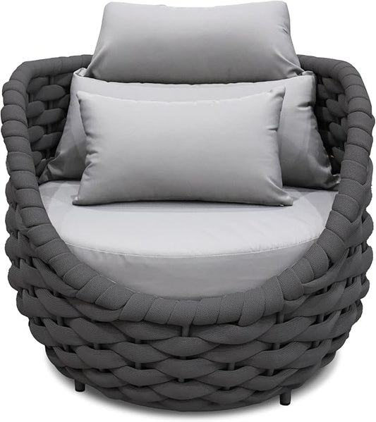 Patio Rope Armchair: Aluminum Woven Accent Chair - Cushioned Lounge Chair with Arms - Modern Garden Chair Assembled - All Weather Outdoor Seating Porch Furniture for 400lbs Deck Balcony Hotel