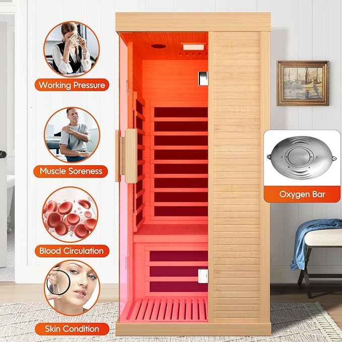 Sauna Room Indoor Far Infrared Saunas Home Canadian Hemlock 1420W Low-EMF Dry Saunas Single Person Spa with Oxygen Bar,33.5 * 33.5 * 70.87 inch