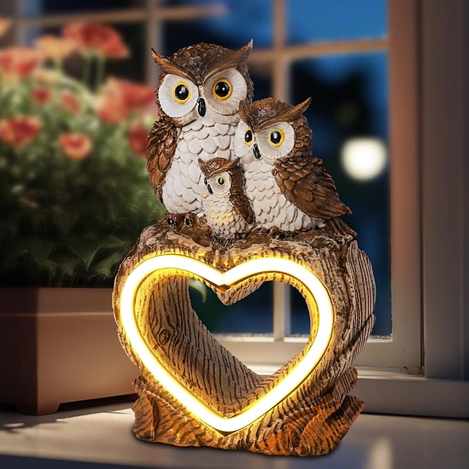 Solar Garden Decor Statues 7" Resin Solar Owl Waterproof Garden Owl Decor for Outside Yard Patio Porch Decoration Gift for Mom Grandma