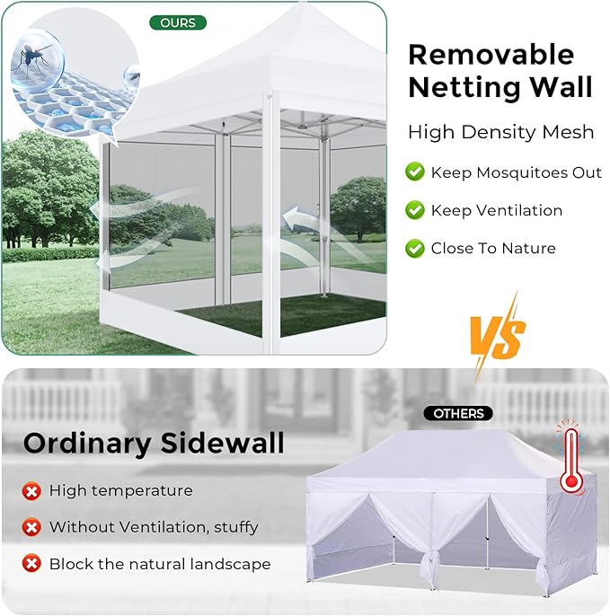 COBIZI 10x10 Heavy Duty Pop Up Canopy with 4 Mosquito Netting Wall, Easy Set Up Commercial Gazebo Party Tent, Outdoor Instant Screen Canopy for Backyard, Patio, Garden, White