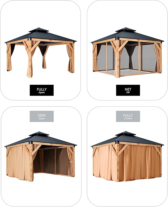 GAOMON Hardtop Spruce Wood Gazebo 12'x12', with Double Roof of Metal Sheets, 4.7'' Heavy Duty Poles, Gray Net, and Curtain, Permanent Building for Patio, Deck, Backyard, Lawn, and Garden, Khaki