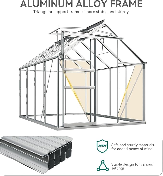 YITAHOME 6x8FT Polycarbonate Greenhouse Heavy Duty Green Houses Outdoor Aluminum Greenhouses with Sliding Doors Vent Window Walk-in Greenhouse Large Sun House for Garden Backyard, Matte Silver