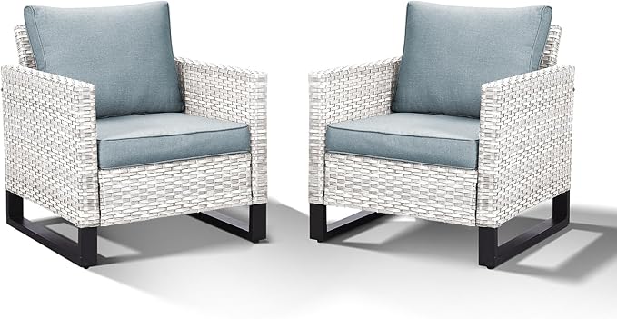 HUMMUH Outdoor Chairs PE Wicker Patio Dining Chairs Set of 2 Metal Frame Porch Chairs with 4 inch Seat Light Blue Cushions