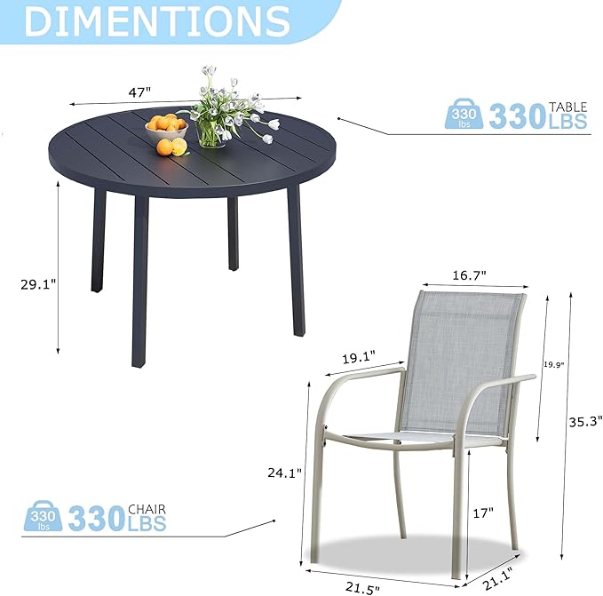 7 Pieces Round Dining Table Set for 6, Patio Dining Set Includes 6 Beige Blue Stackable Patio Chairs and 1 Black Round Table Set of 6, Patio Furniture Sets with Sling Support for Outside, Garden