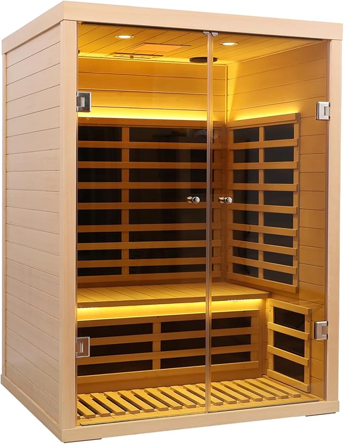 2 Person Infrared Sauna, Hemlock Wood Low EMF Far Infrared Saunas, 1780W/120V Indoor Personal Sauna Room Box with APP Control, Glass Door, Blue-Tooth, LCD, LED Reading Light, 7-Color Light Therapy