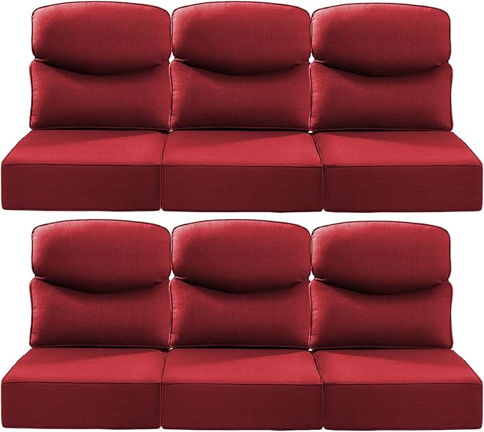 Luxury 22x24/22x25 6-Inch Smile Patio Cushions for Outdoor Furniture Set of 6 - Thick Back & Deep Seat Outside Chair Cushions for Rattan Metal Glider Loveseat Sectional Sofa - Red