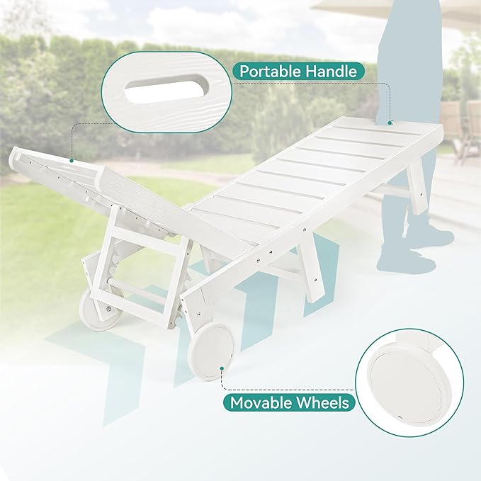 Outdoor Chaise Lounge Chairs with Table, 2-Piece, 26.8” Super Wide Lounge Chair Outdoor, HDPS Pool Chairs with 5 Positions, Patio Lounge Chair with Wheels for Pool,Lawn,Backyard, White