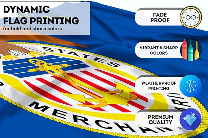 AGAS United States Merchant Marines Flag 4.4x5.6 Ft - Printed 200D Nylon Canvas Header Two Brass Grommets