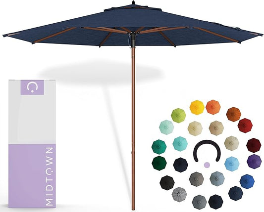 Midtown Umbrellas The Wooden 8 Feet Patio Umbrella With Sunbrella Spectrum Indigo Acrylic Fabric - Aluminum Frame Market Umbrella For Backyard, Deck, Garden, Pool - Wooden Pole