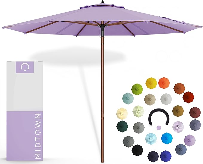 Midtown Umbrellas The Wooden 8 Feet Patio Umbrella With Terylast Midtown Purple Polyester Fabric - Aluminum Frame Market Umbrella For Backyard, Deck, Garden, Pool - Wooden Pole