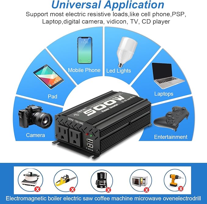 500W Modified Sine Wave Power Inverter DC 12V to AC 110V, Peak 1000Watt, Car Plug Inverter Adapter Power Converter with 4.2A Dual USB Charging Ports Black