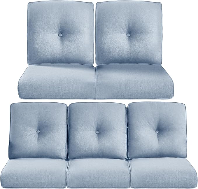 Pop 22x25/22x24 Outdoor Cushions for Patio 5 Piece Set - Set of 5 Water-Resistant Replacement Cushion for Wicker Rocking Swivel Chairs Loveseat Couch Sectional Sofa - Baby Blue/Button