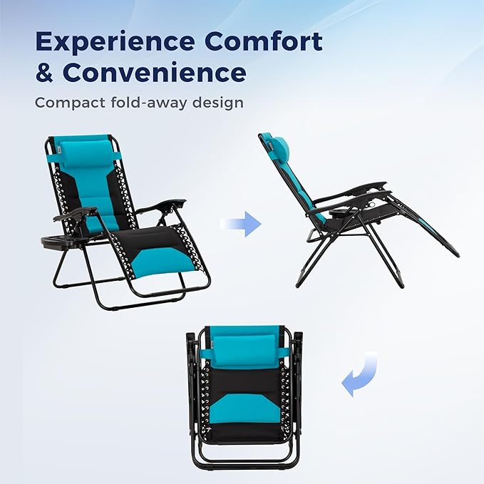 MAISON ARTS Oversized Padded Zero Gravity Chairs Set of 2, Folding Patio Lounge Chair, 28" Wide Seat Anti Gravity Recliners for Outdoor Lawn Camping Poolside Yard, Support 400lbs, Aqua