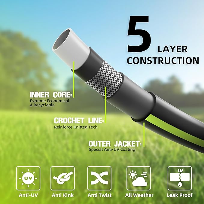 Worth Leader Garden Hose 3/4 in. x 25 ft. -No Kink, Flexible, Leakproof, Male/Female -Heavy Duty Durable 5 Layers PVC Rubber Lightweight Water Pipe for Gardening, Agriculture & Lawn Care -500PSI Burst