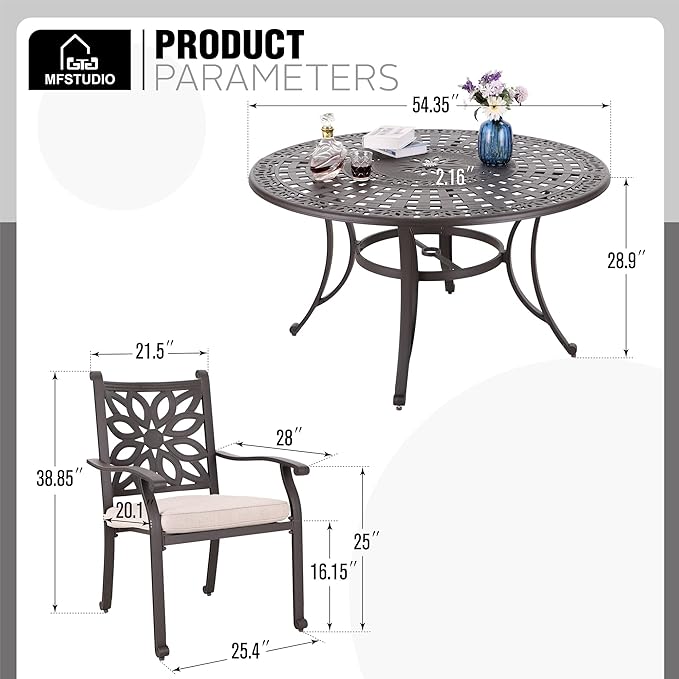 MFSTUDIO 7 PCS Cast Aluminum Patio Dining Set, Retro Design Outdoor Patio Table and Chairs with 6 Wide Dining Chair and 1 54" Round Aluminum Outdoor Dining Table