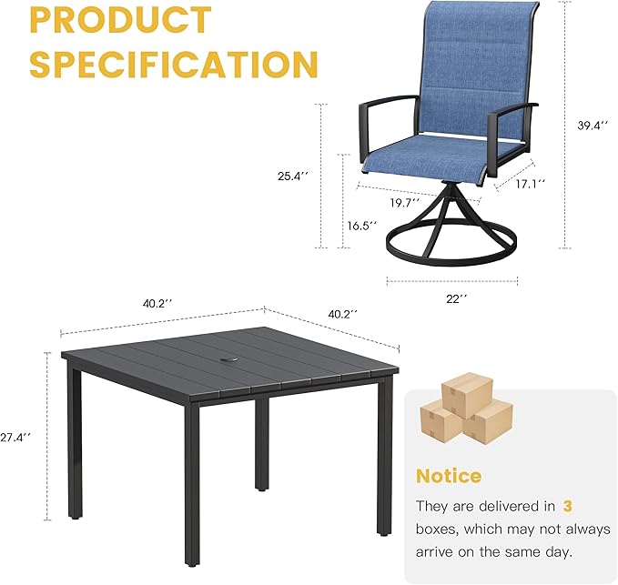 VICLLAX 5 Pieces Patio Dining Set, 4 Seats Outdoor Furniture Set Includes 40.2" Square Outdoor Dining Table and 4 Swivel Patio Chairs, Black Tabletop and Blue Fabric