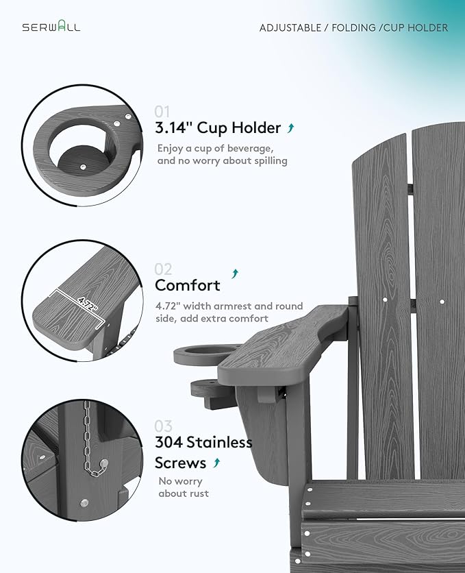 SERWALL Folding Adirondack Chair Set of 2, Adjustable Adirondack Chair with 3 Recline Positions, All Weather HDPE Outdoor Adirondack with Cup Holders, Gray
