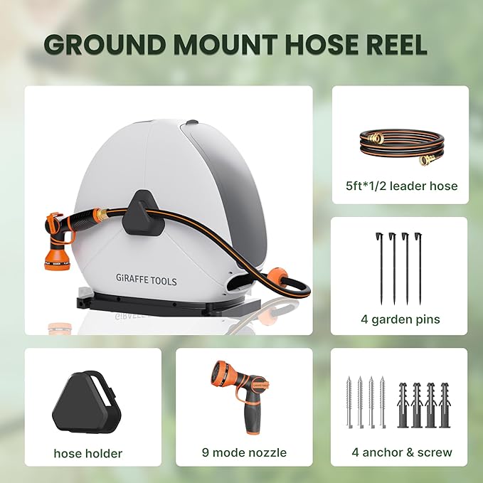 Giraffe Tools Heavy Duty Retractable Hose Reel, 5/8" x 92FT Automatic Rewind Garden Hose Reel with 360° Swivel Base, Ground Mounted for Lawn, Patio, Concrete Floor & Yard Watering