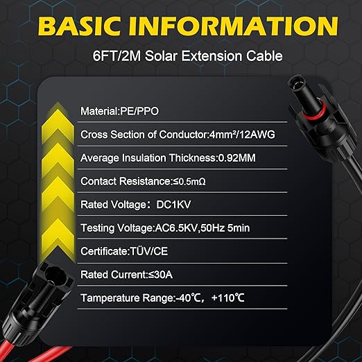 6Ft Solar Cable Solar Extension Cable,12AWG SolarPanel Extension Cable with Female and Male Connectors,Waterproof SolarExtensionCable Kit (Red and Black).