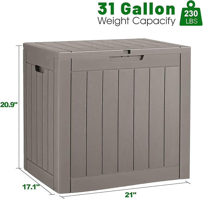 Outdoor Storage Box, 31 Gallon Deck Box, Large Resin Storage Cabinet for Gardening Tools, Patio Pillow, Lockable, Waterproof and UV Resistant