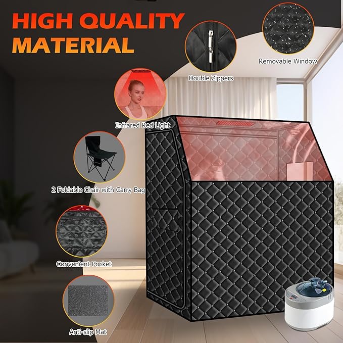 Smartmak 2 Person Portable Steam Infrared Sauna Box with 660nm Red Light Therapy Lamp for Home Relaxation, 4 L 1500W Steamer Extra Large Full Body Saunas Spa Tent, Remote Control, 2 Folding Chairs