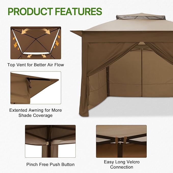 COOS BAY 11x11 Pop-up Instant Gazebo Tent with 4 Sidewalls Outdoor Canopy Shelter with Carry Bag, Stakes and Ropes, Brown