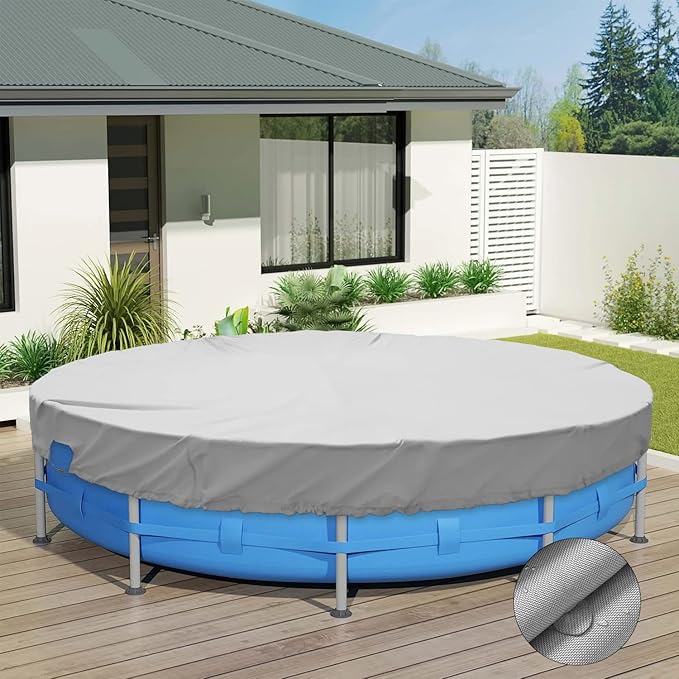 ECOOPTS 18 ft Waterproof Round Polyester Pool Cover for Above Ground Pools, Swimming Pool Cover Protector Winter Safety Cover (Light Grey)